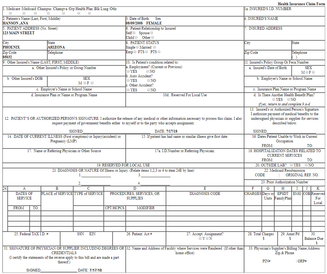 Example Health Insurance Claim Form for Louisiana