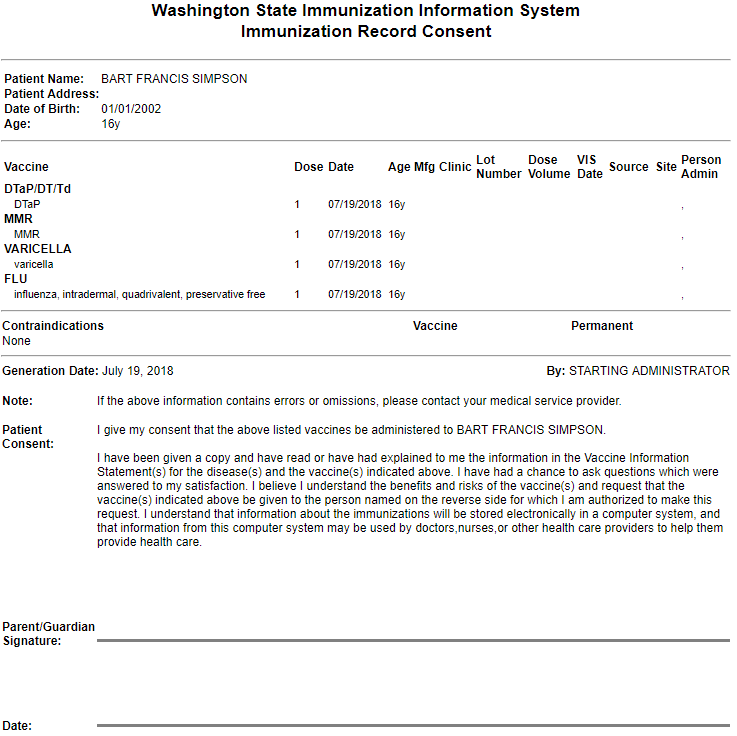 Example Immunization Record with Consent report for Washington