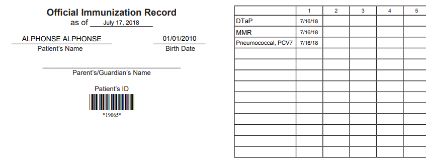 Example Shot Record Card (Official Immunization Record card) for Indiana