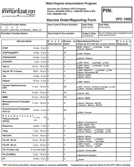 Example VFC Vaccine Order Form for West Virginia